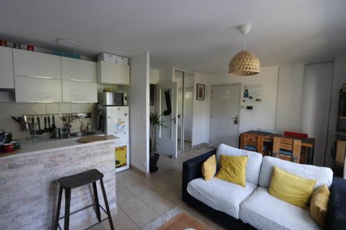 a living room with a couch and a kitchen at Appartement cosy jardin des plantes avec parking in Nantes