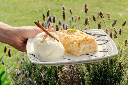 a person holding a piece of cake on a plate at Altos de Tandil Hotel Boutique & Spa in Tandil
