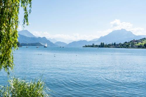 a large body of water with mountains in the background at SOLUNA STAY I See & Berge I Luzern I Familienfreundlich I Ski I Self-check-in I Free Parking in Küssnacht