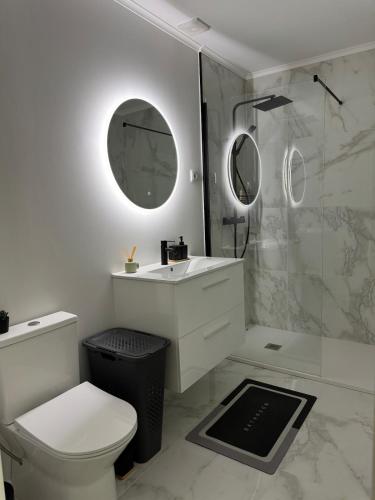 a bathroom with a toilet and a sink and a shower at Casa Carvalho in Peso da Régua