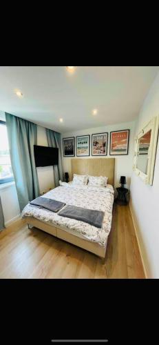 a bedroom with a large bed with pictures on the wall at House in Pezinok with swimming pool, Bratislava in Pezinok
