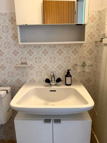 a bathroom with a sink and a mirror at Gorgeous Modern Mountain View Flat in Täsch in Täsch