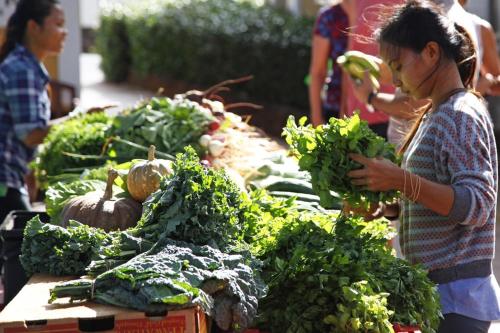 a woman standing in front of a table filled with vegetables at Hale Mahina Hou in Koloa