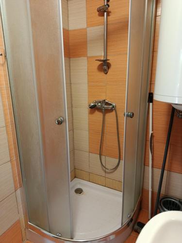 a shower with a glass door in a bathroom at Chata Carla in Žiar