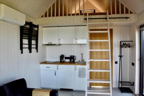 a kitchen with a ladder in a tiny house at Ausma - Peaceful Seaside Design Cabin in Engure