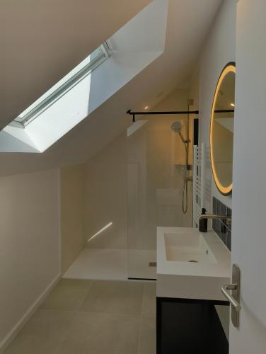 une salle de bain avec un lavabo et une douche en verre dans l'établissement LES PATICHERES - L'Atelier avec accès à la piscine, à Biville-la-Baignarde