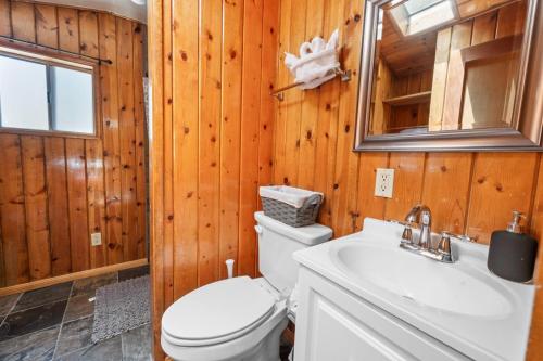 ein Badezimmer mit Toilette, Waschbecken und Spiegel in der Unterkunft Bear Cub Cabin with Hot Tub, Outdoor Patio w BBQ! in Big Bear City Airport
