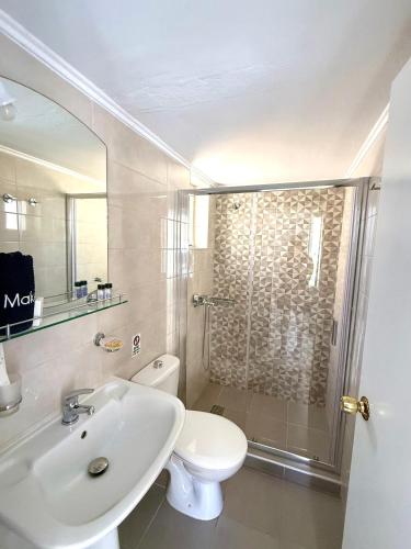 a bathroom with a toilet and a sink and a shower at Eftihia Studios Paleochora in Palaiochóra