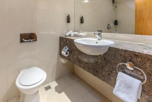 a bathroom with a sink and a toilet at Kingsgate Hotel Te Anau in Te Anau