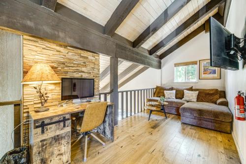 a living room with a desk and a couch at Walk to Diamond Peak Luxe Chalet with Mtn-View Deck in Incline Village