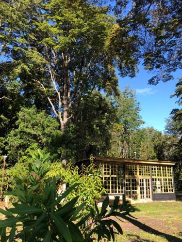 a building in a park with a tree in the background at Calma Cabins in Puerto Clocker