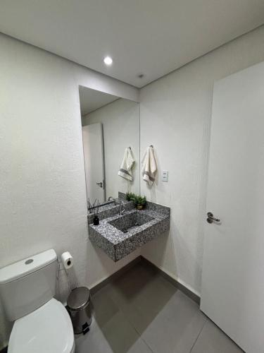 Un baño con lavabo, inodoro y espejo. en Flat Diamond em São Lourenço, en São Lourenço