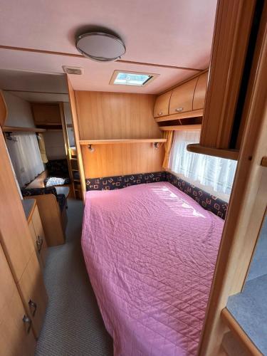 a small bedroom in an rv with a pink bed at Maszoperia Sun4hel Kite & Wind & Surf in Jastarnia