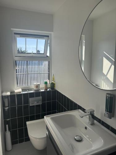 a bathroom with a sink and a toilet and a mirror at 40th Avenue Guest House in Mill Hill