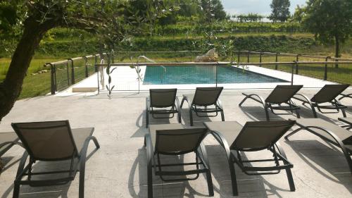 un grupo de sillas sentadas alrededor de una mesa junto a una piscina en Le Vigne di Adamo, en Volta Mantovana