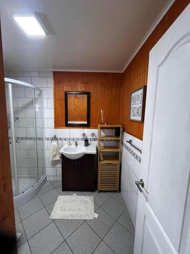 a bathroom with a sink and a shower at Cabaña nieve, tinaja y vista al volcan in Curacautín