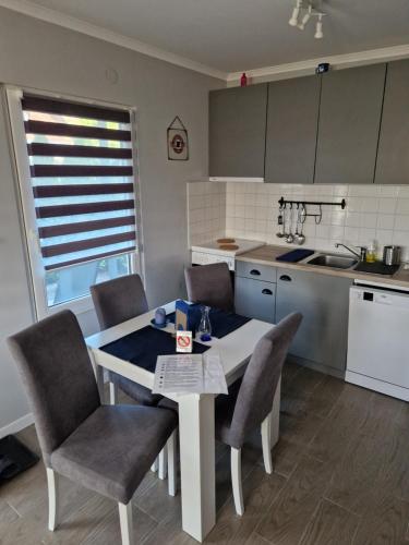 a kitchen with a table and chairs in a kitchen at Apartman27 Palic in Palić