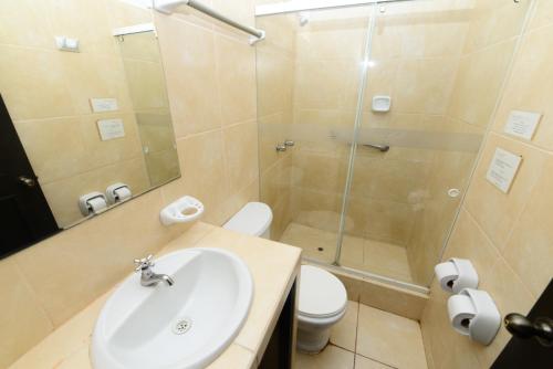 a bathroom with a shower and a sink and a toilet at Mango & Apartments in Tumbes