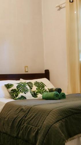 - un lit avec une serviette verte dans l'établissement Chalet Jungla, à Alto Paraíso de Goiás