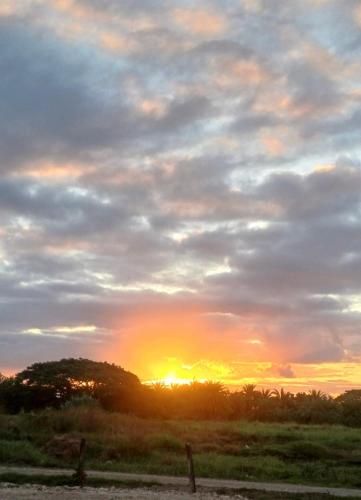 a sunset in a field with the sun setting at Eden Stays in Nadi