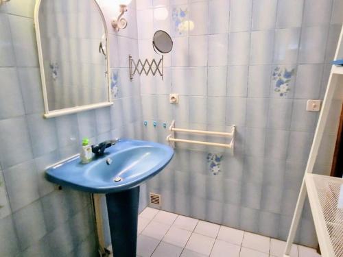 une salle de bain avec un lavabo bleu et une douche dans l'établissement Banyuls-sur-Mer : T3 avec jardin, parking, proche plage et centre-ville - FR-1-309-35, à Banyuls-sur-Mer