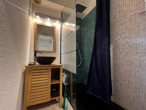 une salle de bain avec un lavabo et un miroir dans l'établissement Appartement T2 à Argelès avec terrasse, barbecue, parking et climatisation - FR-1-309-393, à Argelès-sur-Mer