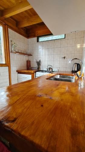 Una cocina con encimera de madera y fregadero. en Cabaña Los Leños, en Lago Puelo