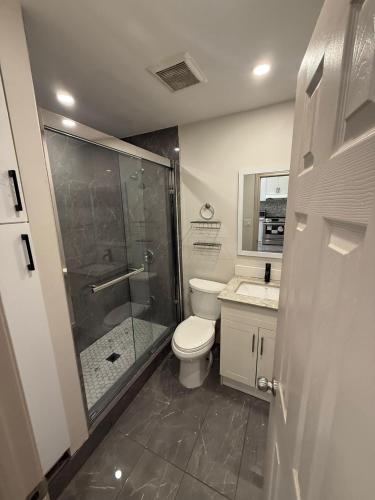 a bathroom with a shower and a toilet and a sink at King-Queen Walk-in Residence - Walk to CN TOWER,SUBWAY,CONCERTS,PUBS,PARKING in Toronto