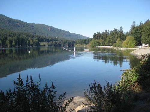 a lake with a dock in the middle of it at The Owls Nest at Westwood Lake in Nanaimo