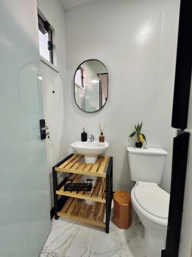 a bathroom with a sink and a toilet and a mirror at Hospedagem Morro do Buda Container in Planalto