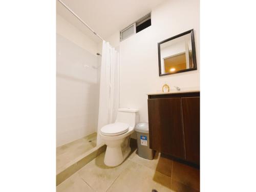 a bathroom with a toilet and a sink and a mirror at Apacible y acogedora habitación privada en Barranco in Lima