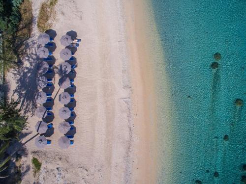 an overhead view of a beach with a bunch of umbrellas at Le Nautile Beachfront in Saint-Gilles les Bains