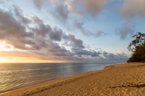 a beach with a cloudy sky and the ocean at Le Nautile Beachfront in Saint-Gilles les Bains