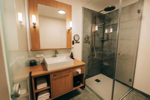 a bathroom with a sink and a shower at Zum Goldenen Löwen in Maria Taferl