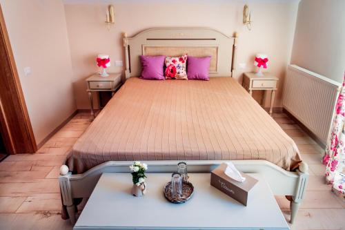 スチャヴァにあるPensiunea Agroturistica Floare de Campのベッドルーム1室(ピンクの枕が付いた大型ベッド1台付)
