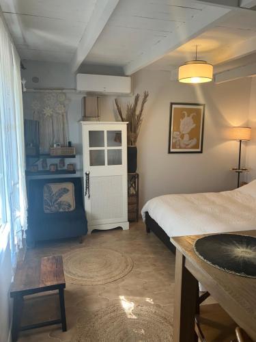 a bedroom with a bed and a sink in it at Chambre indépendante au Joli Mazet à Nîmes idéalement situé entre la garrigue et la ville in Nîmes