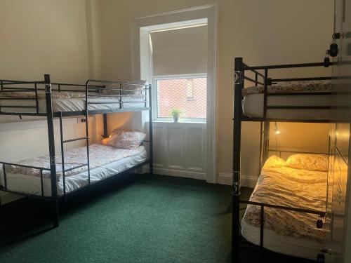 a room with two bunk beds and a window at Botanic Avenue Hostel less than a mile from the City Centre in Belfast