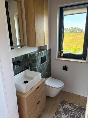 a bathroom with a sink and a toilet and a window at Villa Jungle House - Mazury in Liwa