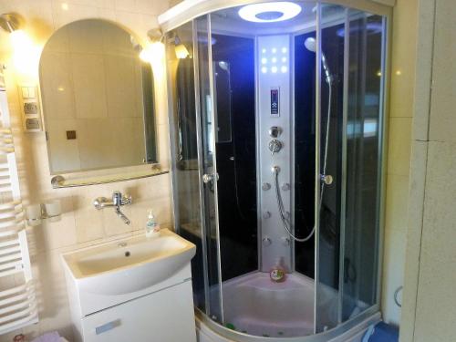 a bathroom with a shower and a sink at Willa Old House in Sopot