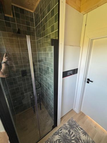 a shower with a glass door in a bathroom at Villa Jungle House - Mazury in Liwa