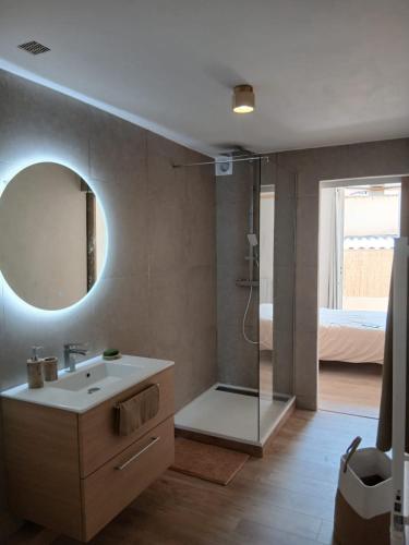 une salle de bain avec un lavabo, un miroir et une douche dans l'établissement Très bel appartement refait à neuf dans la vieille ville de Hyères, 2 chambres, grande terrasse plein sud, à Hyères