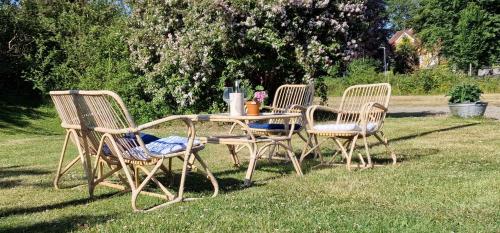 three chairs and a table in the grass at Ryds Gästgiveri in Ryd