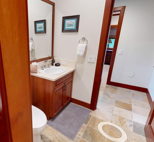 a bathroom with a sink and a toilet and a mirror at COCONUT TELEGRAPH Rejuvenating 3BR Villages Home Near Recreation Center in Waikoloa