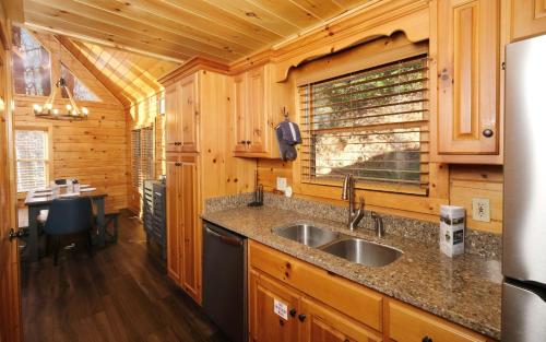 una cocina con fregadero en una cabaña de madera en The Song Bird, en Gatlinburg