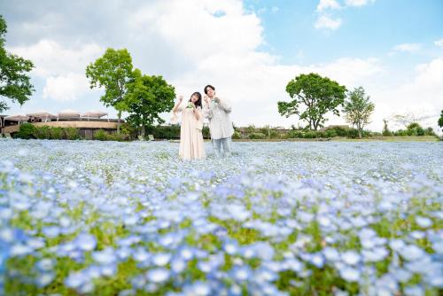 a couple standing in a field of blue flowers at くじゅう花公園 グランピングパーク花と星 in Kuju