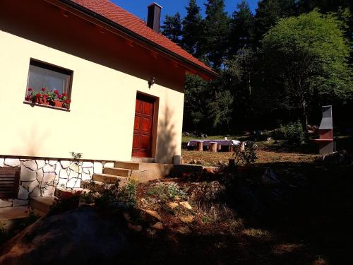 a house with a window with flowers in a window box at House sid forest in Otočac