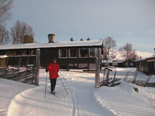 a person on skis in the snow in front of a house at Putten Seter in Høvringen