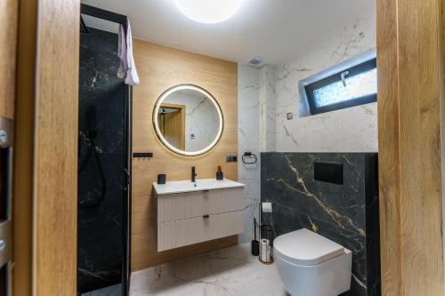 a bathroom with a toilet and a sink and a mirror at Domki Słoneczna 11 z widokiem na Śnieżkę in Karpacz