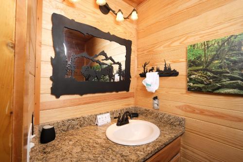 a bathroom with a sink in a wooden cabin at The Nest in Pigeon Forge