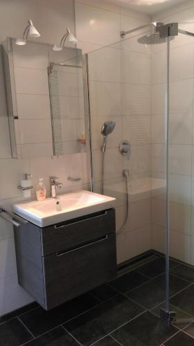 a bathroom with a sink and a shower at Schendels Suite in Bernkastel-Kues